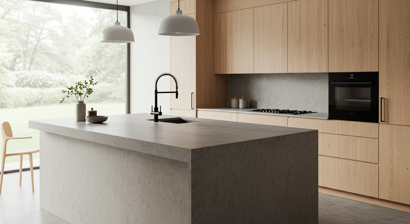 Encimera de piedra sinterizada acabado concreto en cocina minimalista