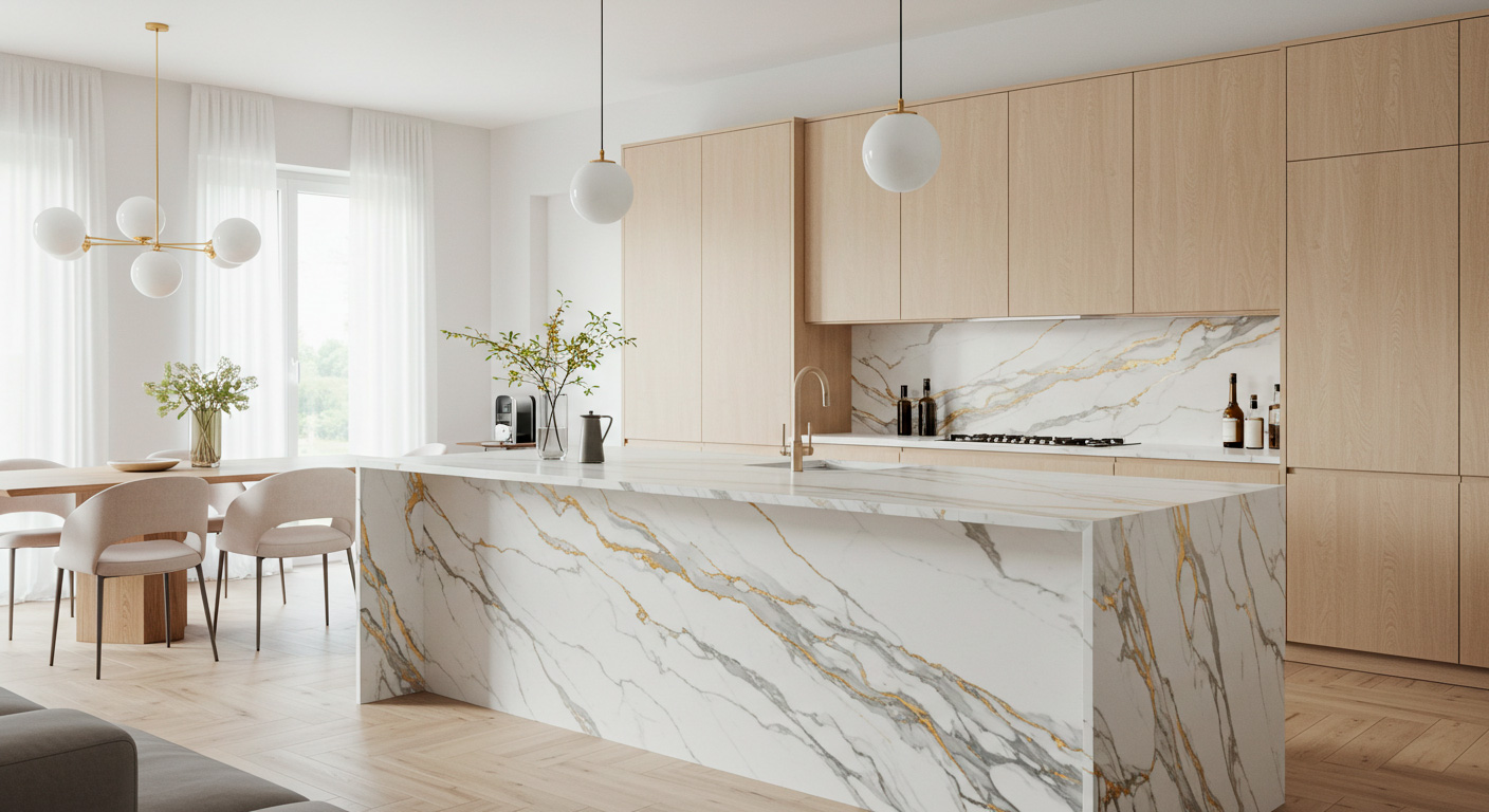 Cocina moderna con isla y cubierta de piedra sinterizada acabado tipo mármol Calacatta