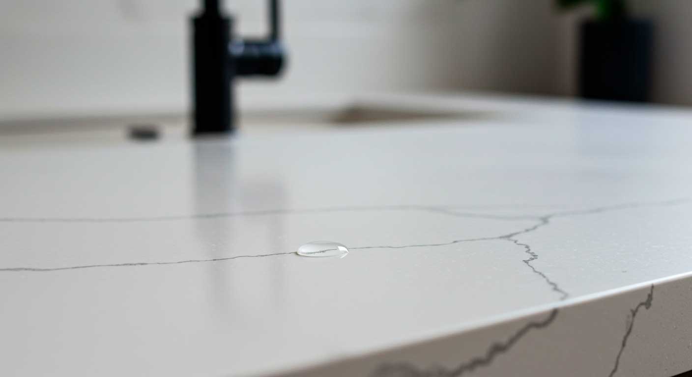 Detalle de una cubierta de cuarzo blanco con vetas grises