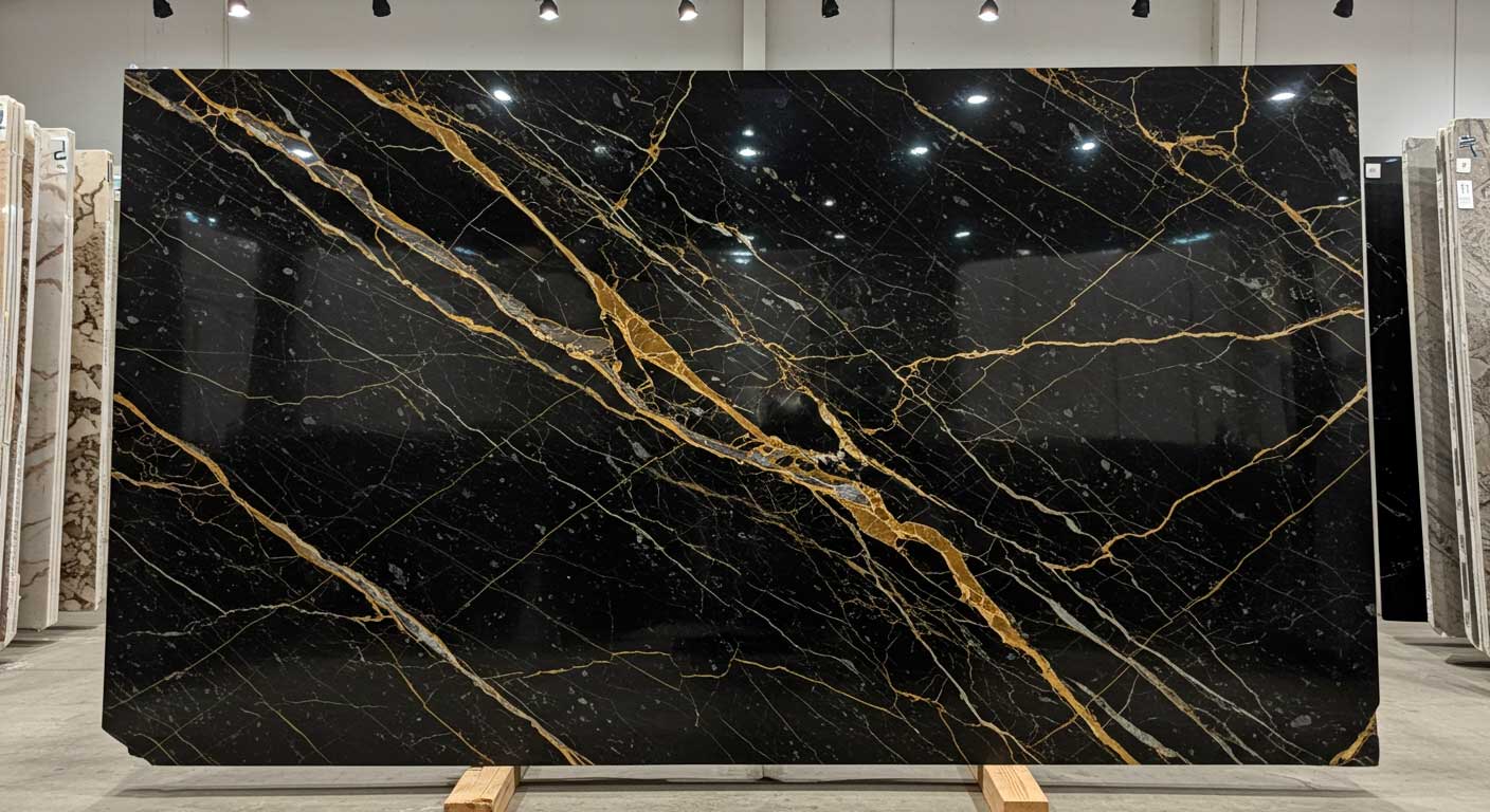 Detalle de una cubierta de granito negro con vetas doradas